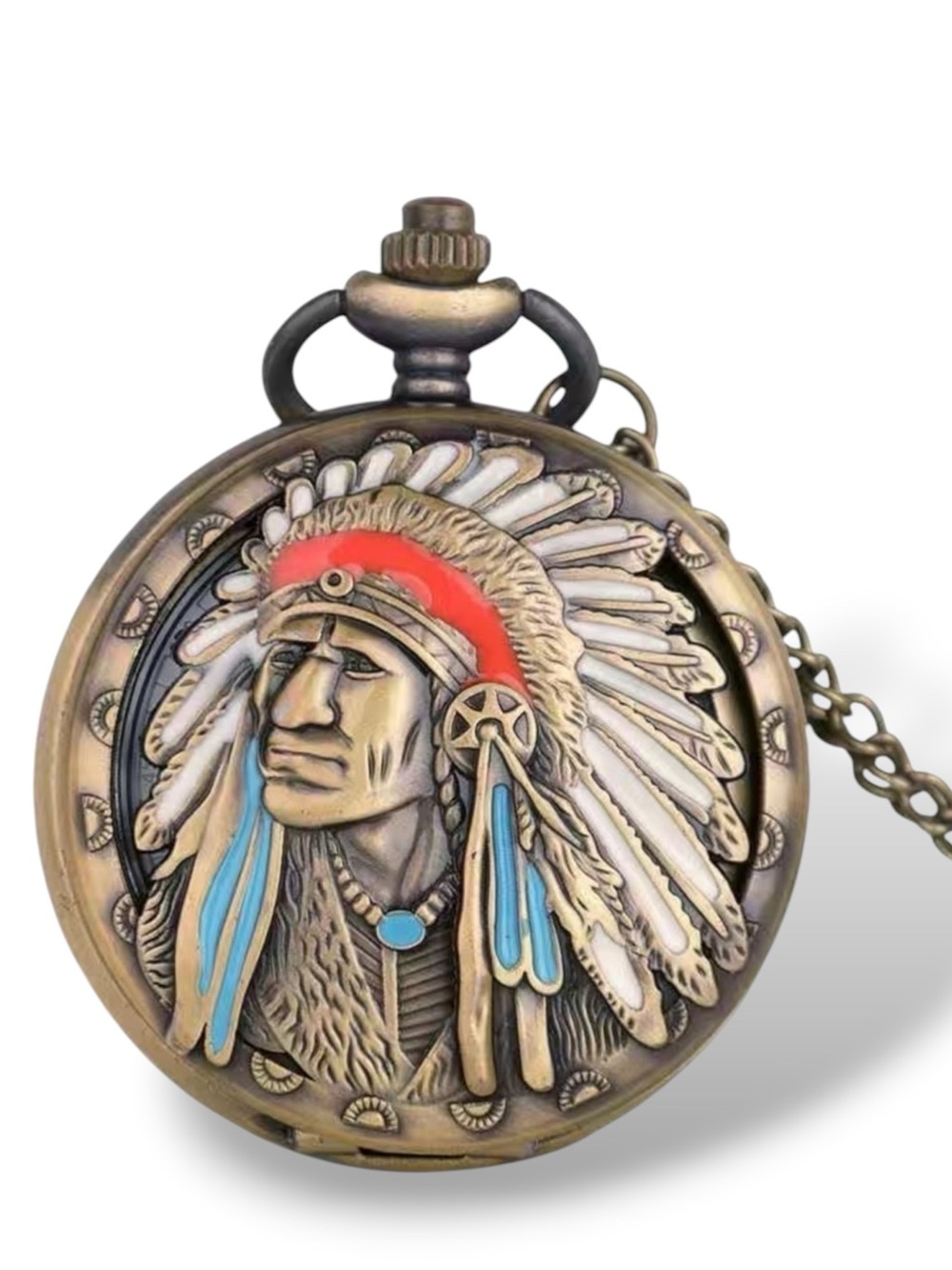 Pocket Watch Native American Traditional Headdress Hinged Flip Open Chain Pouch
